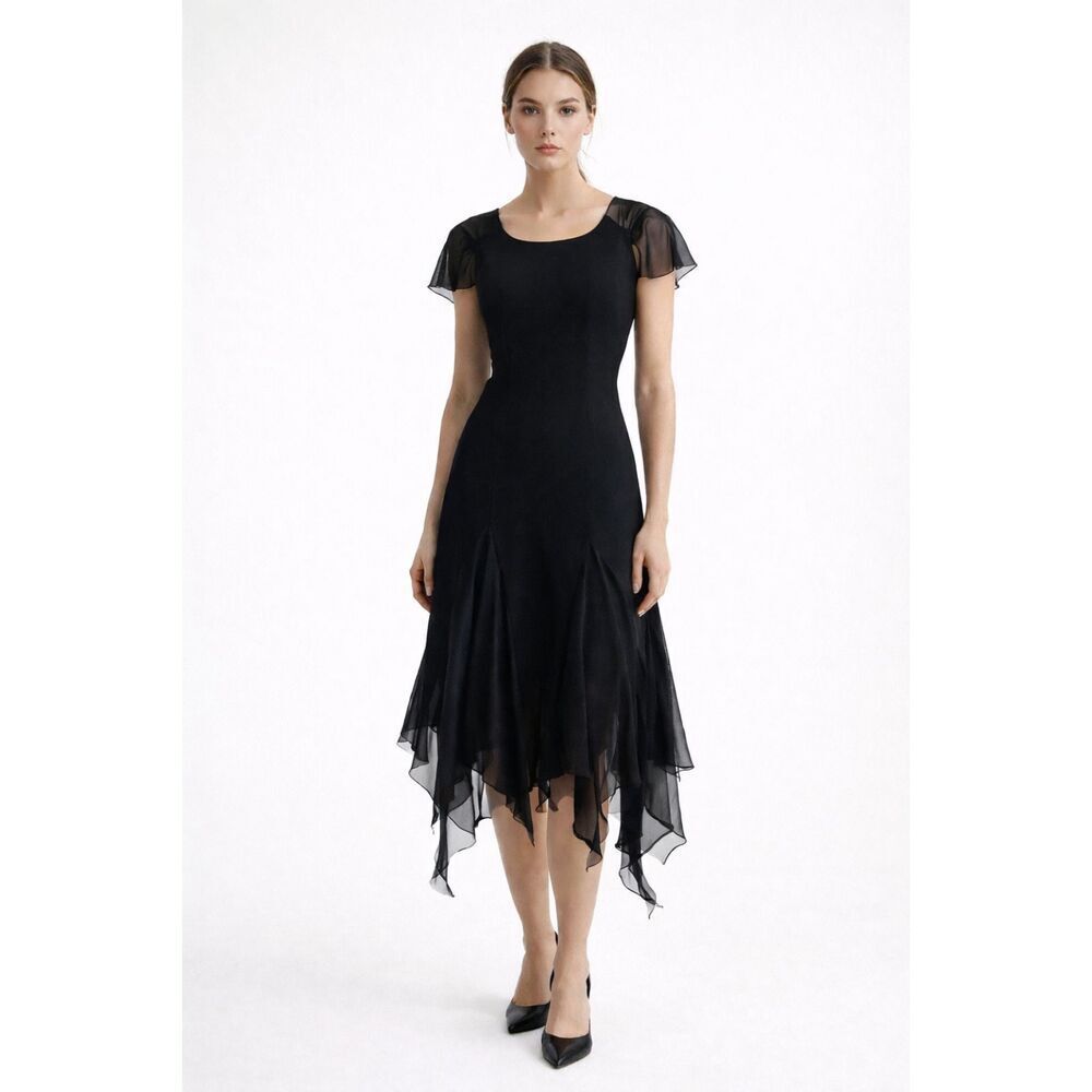 Vintage SL Fashions Black Asymmetrical Dress Size 10 Sheer Hem Goth 90s Y2K